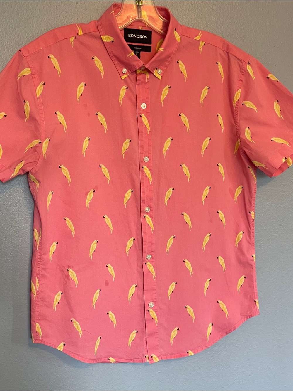 Bonobos Colorful Pink & Yellow Parrot Short-Sleeve Button-Front Shirt size S